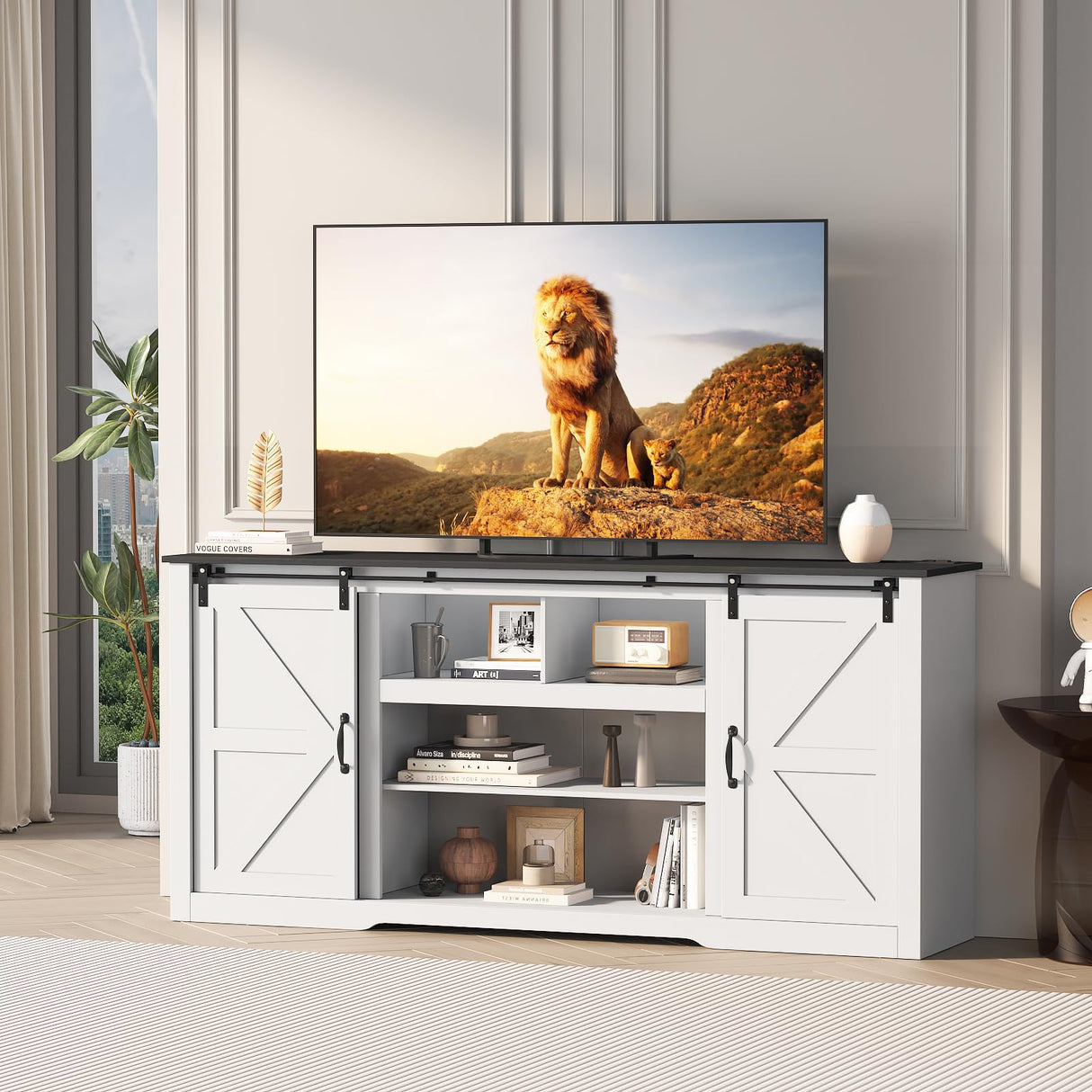 GarveeLife 70 in Farmhouse TV Stand with Power Outlets for Televisions Up to 80 in TVs, Sliding Barn Door & Large Storage Cabinets with Adjustable Shelf, 32 in Tall TV Media Console, White GarveeLife
