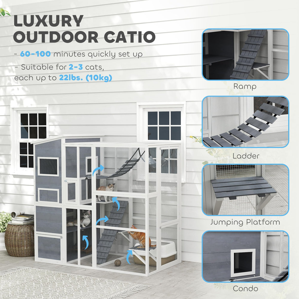 PawHut Catio Outdoor Cat Enclosure, Large Wooden Cat House with Resting Rooms, Platforms, Hammock, Soft Ladder, Ramps, for 2-3 Kittens, 76" x 36" x 68", Gray PawHut