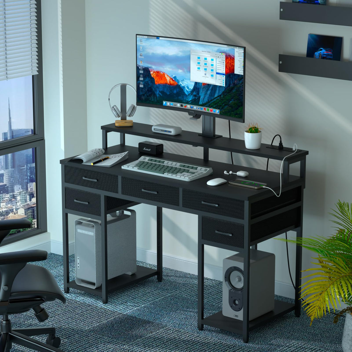 Uniheim Black Computer Desk with Drawers, Gaming Desk with LED Light & Power Outlet, 47" Home Office Desk with Large Storage & Monitor Stand for Small Space Uniheim