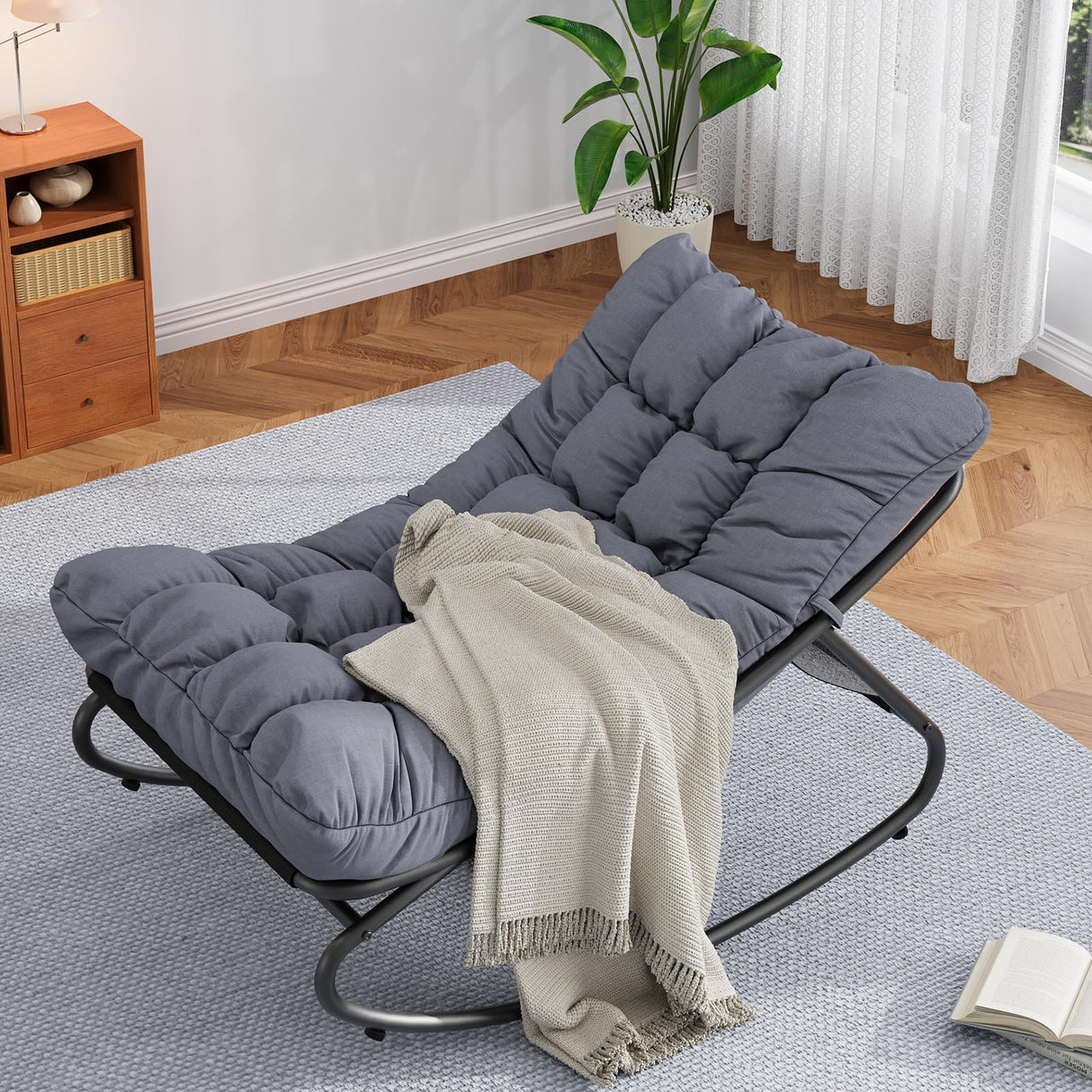 Outdoor Papasan Rocking Chair with Removable Cushion, 450 Lbs Capacity, Adjust The Swing Range & Rust-Resistant Metal Frame for Patio, Garden, Poolside - Oversized Comfort Egg Chair Design, Gray Hipicute