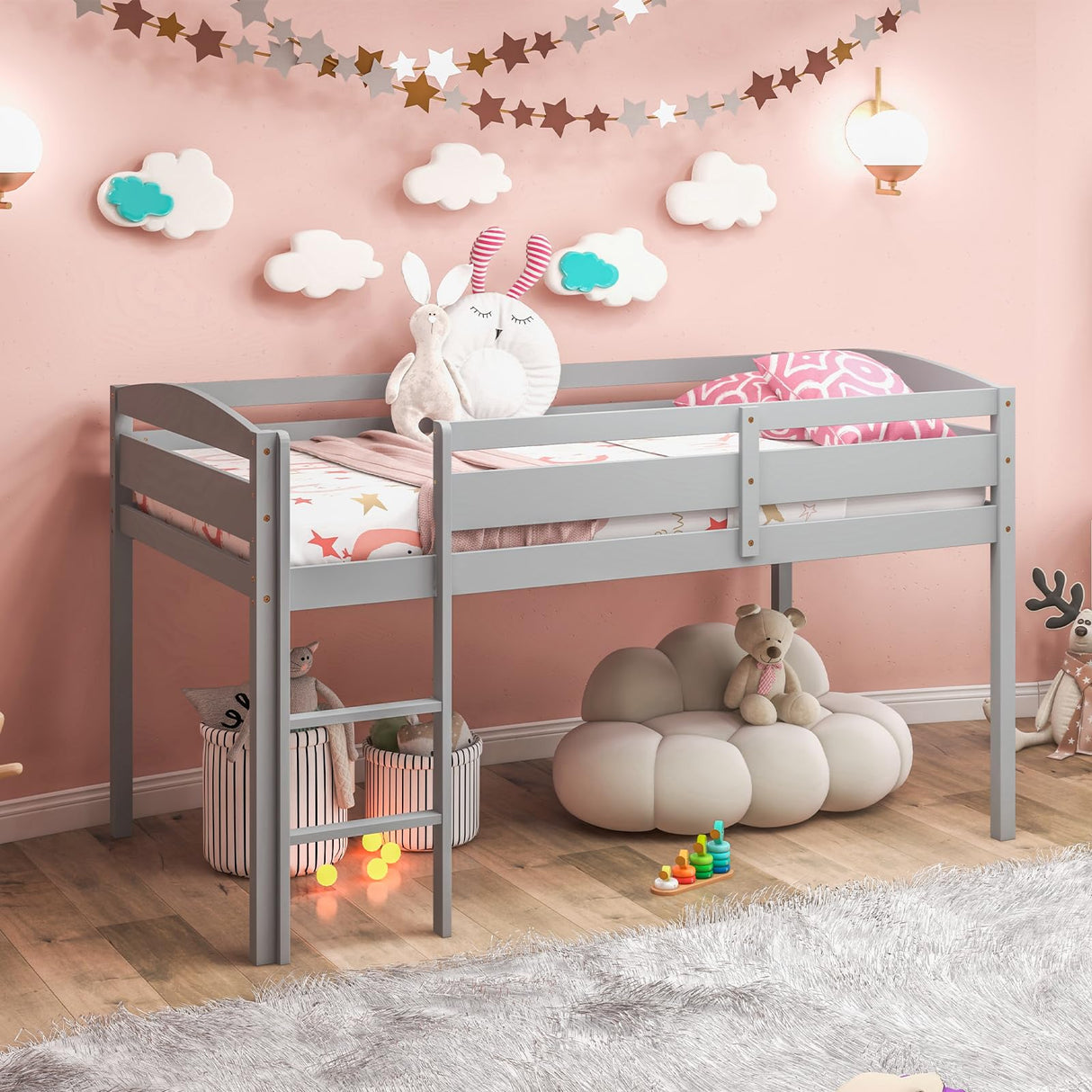 Giantex Twin Loft Bed with Ladder, Wood Low Profile Loft Bed with 30" Clearance & Safety Guard Rails, Space-Saving Loft Bed Frame for Kids Teens Junior, No Box Spring Needed, Kids Bed Frame, Grey Giantex