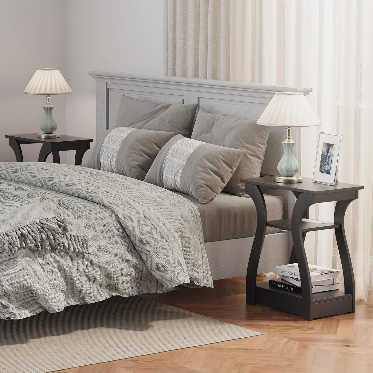 FROMJBEST End Table Set of 2 with Charging Station, Side Table with USB Ports and Outlets, Nightstand, 3 Tier End Table with Storage Shelf for Living Room, Bedroom(Black Set of 2) FROMJBEST