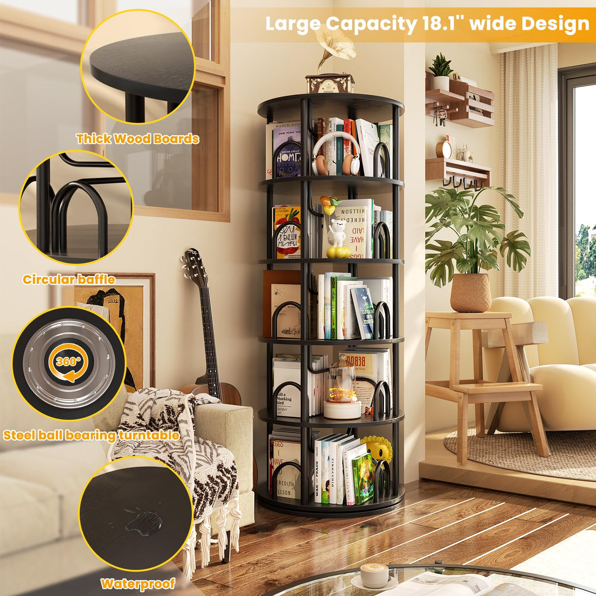 Aheaplus 5 Tier Rotating Bookshelf Tower, 360 Display Spinning Bookcase, Revolving Round Book Shelf Narrow Swivel Bookshelf, Vertical Turning Spiral Corner Book Organizer for Small Space, Black Aheaplus