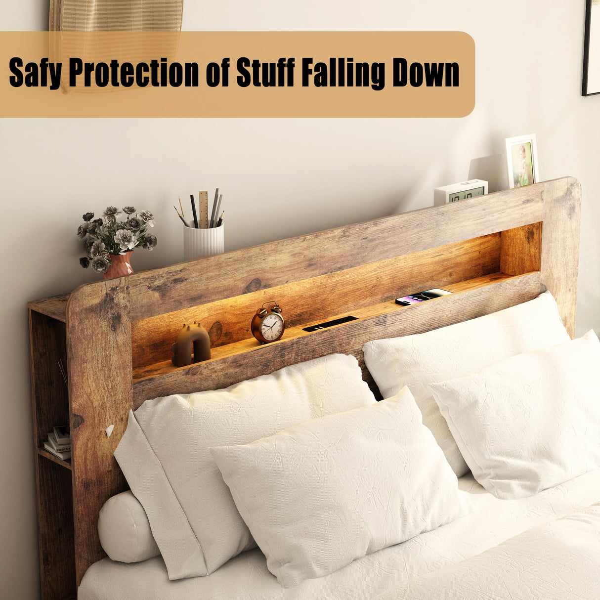 SAMTRA Wooden Bed Frame Queen Size with Storage Headboard, Farmhouse Platform Bedframe with Bookcase Shelf & Led Lights, Sturdy Wood Slat Framework Bed Frame (Rustic Brown) SAMTRA