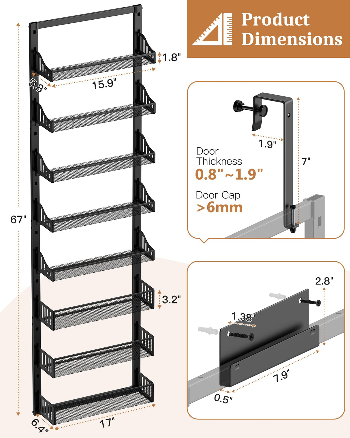 POKIPO 8-Tier Over the Door Pantry Organizer, Large Metal Door Spice Rack with Adjustable Basket, 2 in 1 Wall Mount or Hanging Heavy-Duty Pantry Door Storage Shelf for Kitchen and Bathroom, Black POKIPO
