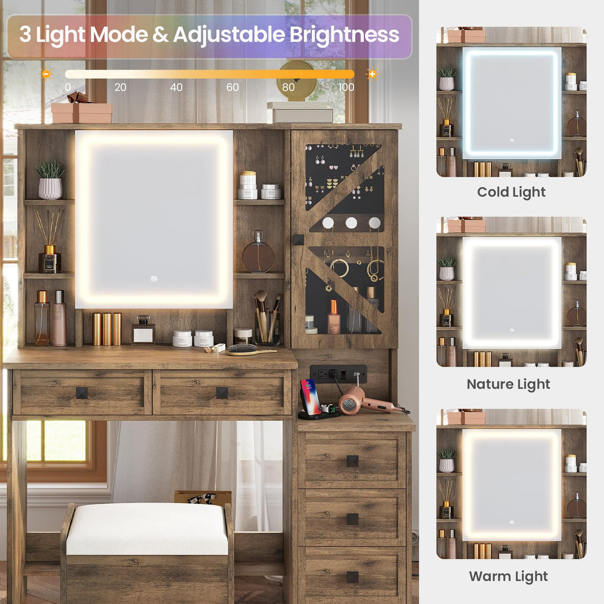 AOGLLATI Farmhouse Vanity Desk with Mirror and Lights, Makeup Vanity Set with Lights & Jewelry Cabinet & 5 Drawers, Vanity Table with Charging Station, Hidden Storage Space for Bedroom, Brown AOGLLATI