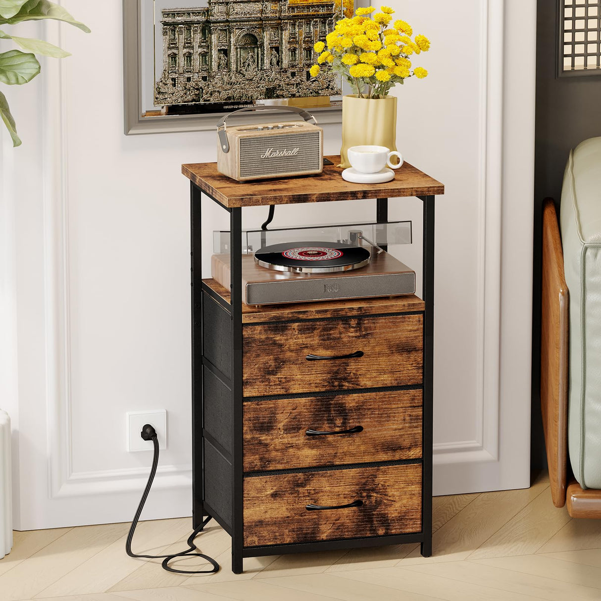 Fixwal Night Stand with 3 Fabric Drawers, Nightstand for Bedroom, Bedside Table with Charging Station End Table with Storage, Rustic Brown Fixwal