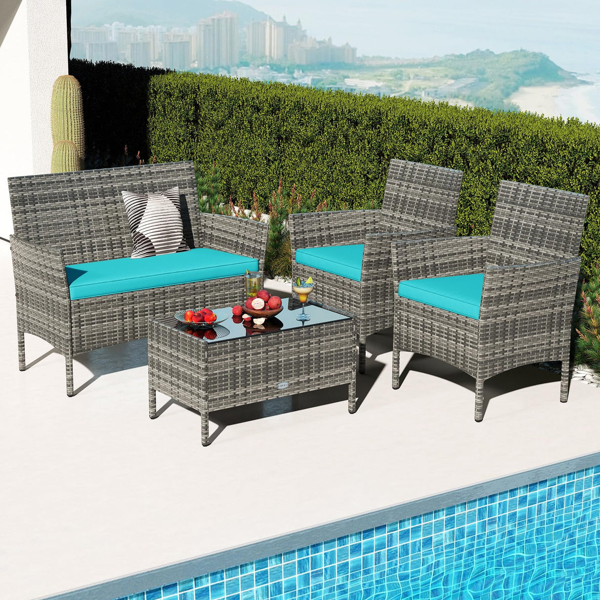 Tangkula 8 Pieces Patio Rattan Conversation Set, Outdoor Wicker Furniture Set with Cushioned Chair, Loveseat & Tempered Glass Table, Outside Sectional Sofa Set for Backyard (G-Turquoise,2) Tangkula
