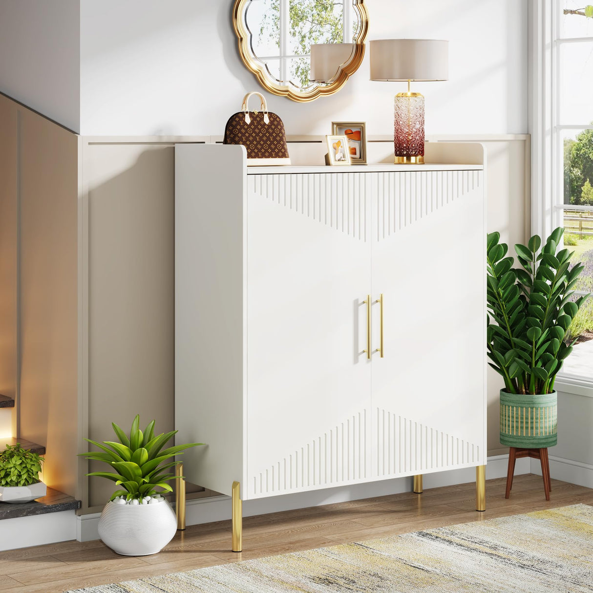 Tribesigns Large Shoe Cabinet with Doors, 6-Tier Entryway Shoe Storage Cabinet with Shelves, 30 Pairs Modern Shoes Rack Organizer for Hallway, Closet, Bedroom, Living Room, White & Gold Tribesigns