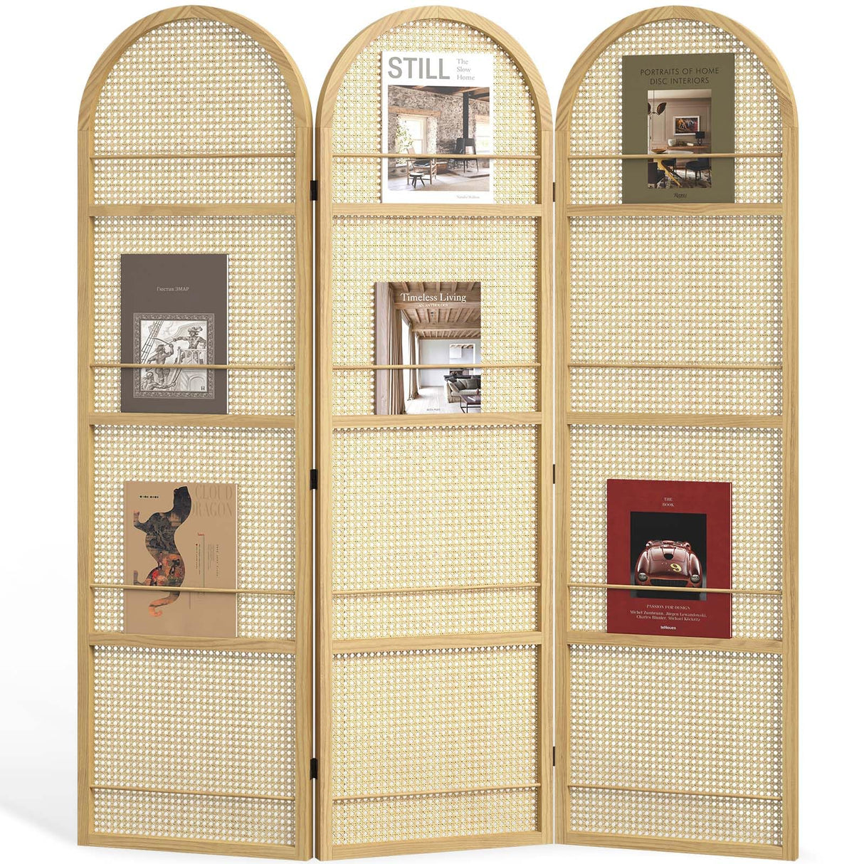 Rattan Room Divider with Built-in Bookshelf | Foldable Privacy Screen & Portable Partition for Home Office, Bedroom, Reading Nook | Wooden Frame, Freestanding Design (Natural-Rattan) Svimi