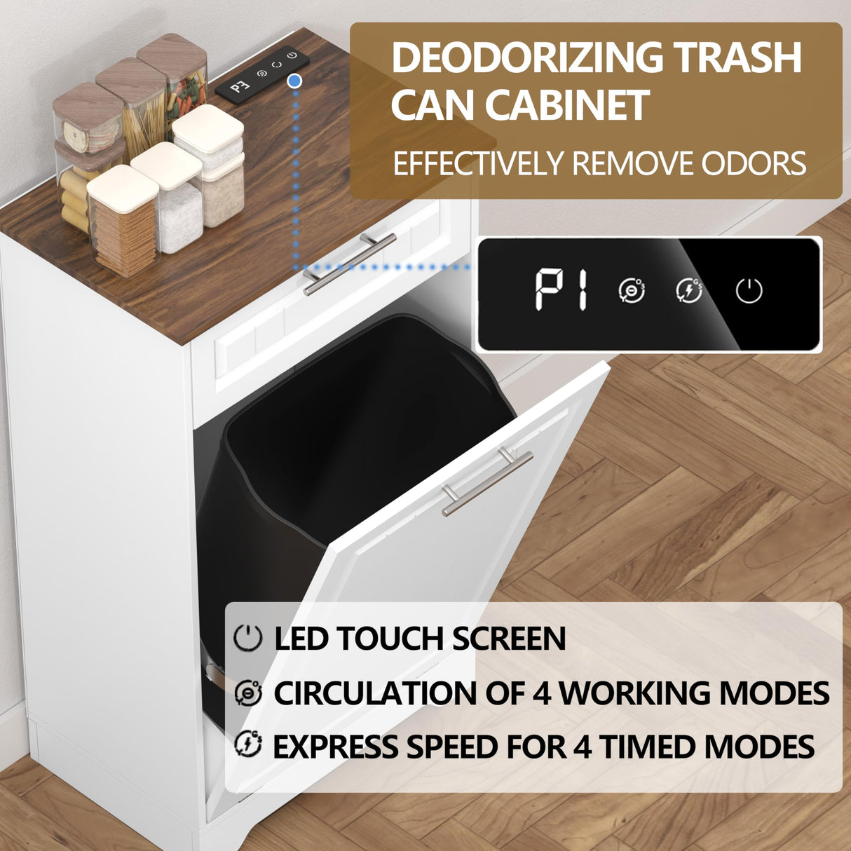 Single 10 Gallon Tilt Out Trash Can Cabinet with Deodorizing Function, Wooden Hidden Garbage Can Holder with Storage Drawers for Kitchen and Dining Room, Laundry Hamper Cabinet for Bathroom, White jmhdyg