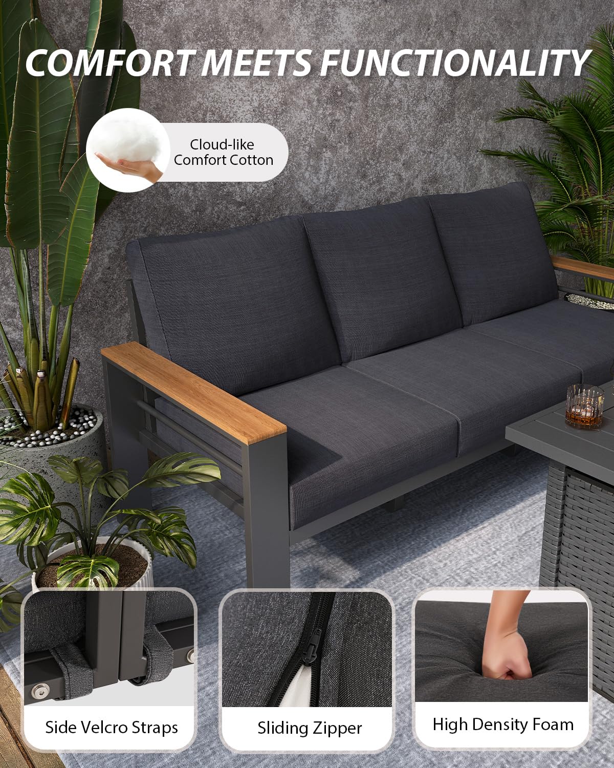 Aoxun Aluminum Outdoor Patio Furniture Set, 8-piece Outdoor Sectional with 44'' Propane Gas Firepit Table, Patio Conversation Sets with Upgraded Armrests and Cushions for Backyard, Garden and Poolside Aoxun