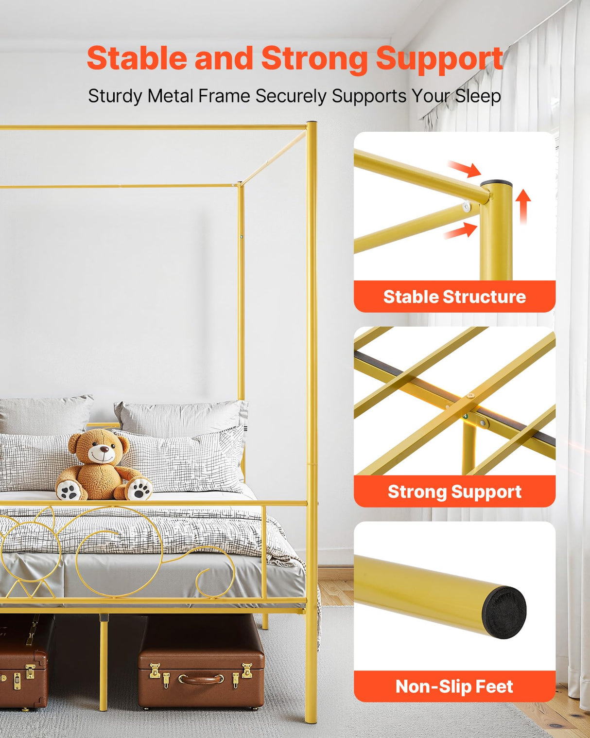 VEVOR Canopy Bed Frame Full Size, Metal Canopy Bed with Minimalist Headboard & Four Posters Design, Heavy Duty Steel Slats Support, Underbed Storage Space, No Box Spring Needed, Easy Assembly, Gold VEVOR