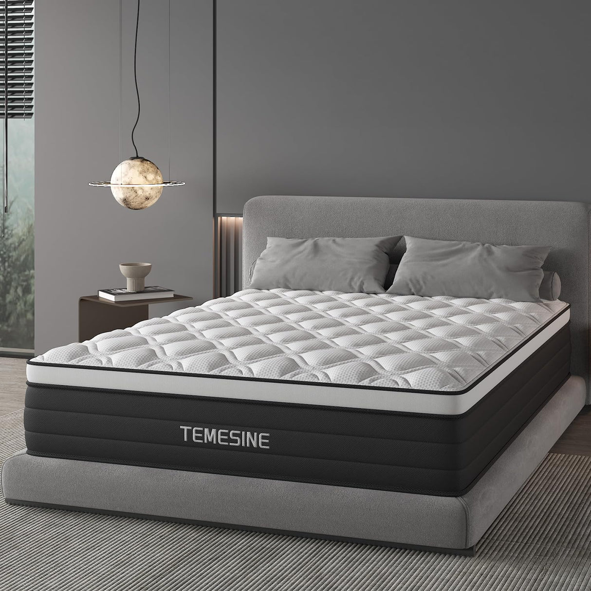 Full Size Mattress, 12 Inch Hybrid Mattress in a Box with Individual Pocket Spring, Gel Memory Foam and Euro Top, Medium Firm Feel with Motion Isolation, Pressure Relief, Edge Support, Black TEMESINE