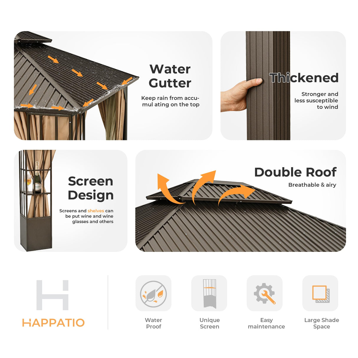 HAPPATIO 10' x 12' Hardtop Gazebo, Outdoor Gazebo with Netting and Curtains, Double Roof Permanent Patio Metal Gazebo Canopy with Storage Shelf for Patio, Deck, Backyard (Brown) HAPPATIO