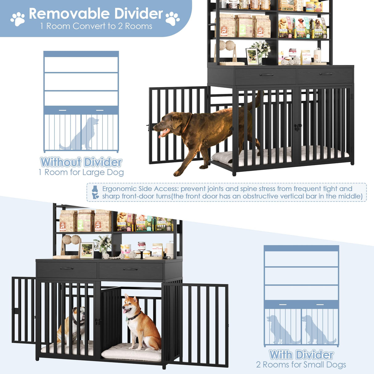 Keyluv 71''H x 47.2''W Large Dog Crate Furniture with 4-Tier Shelves and 2 Storage Drawers, Heavy Duty Dog Cage Furniture with 2 Doors, Wood & Metal Dog Kennel Indoor for Small/Medium/Large Dog, Black Keyluv