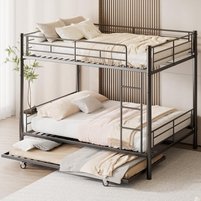 Feetice Full Over Full Bunk Bed with Trundle, Heavy Duty Metal Bed Frame with Full-Length Guardrails & Ladder, 3-in-1 Convertible Full Bunk Bed, Noise-Free, No Box Spring Needed, Black