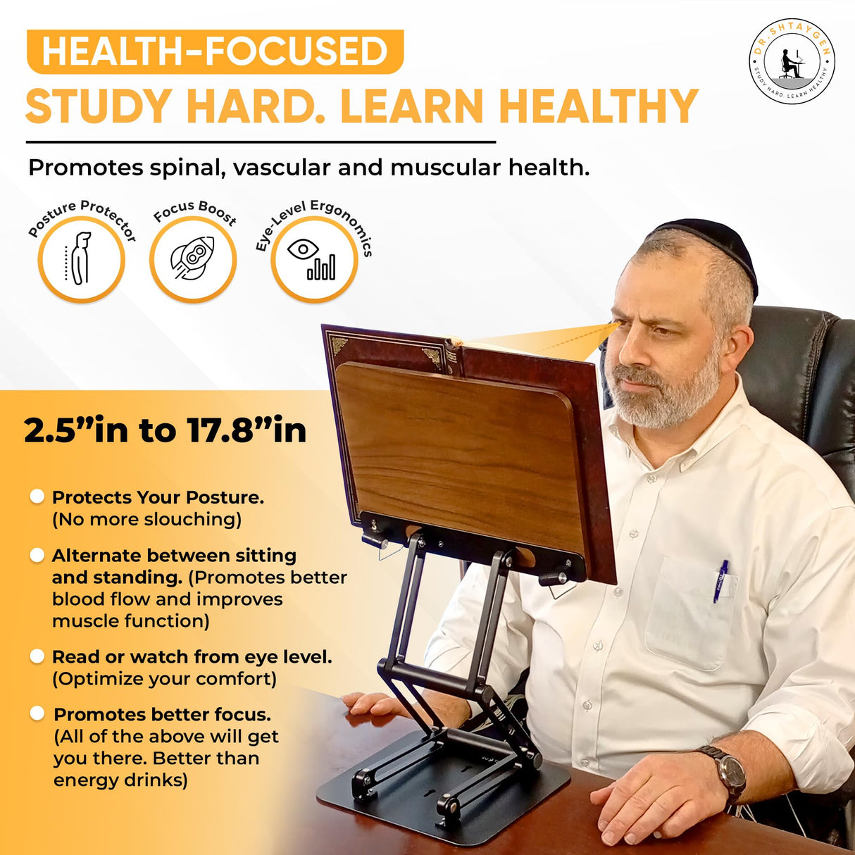 Dr. Shtaygen Reading Stand Book Holder for Desk, Counter, Table - Ergonomic Adjustable Height to 17.8", Lightweight Aluminum & Oak, Strong & Stable, Spacious 13" x 8.7" Platform for Tablet, Laptop Dr. Shtaygen