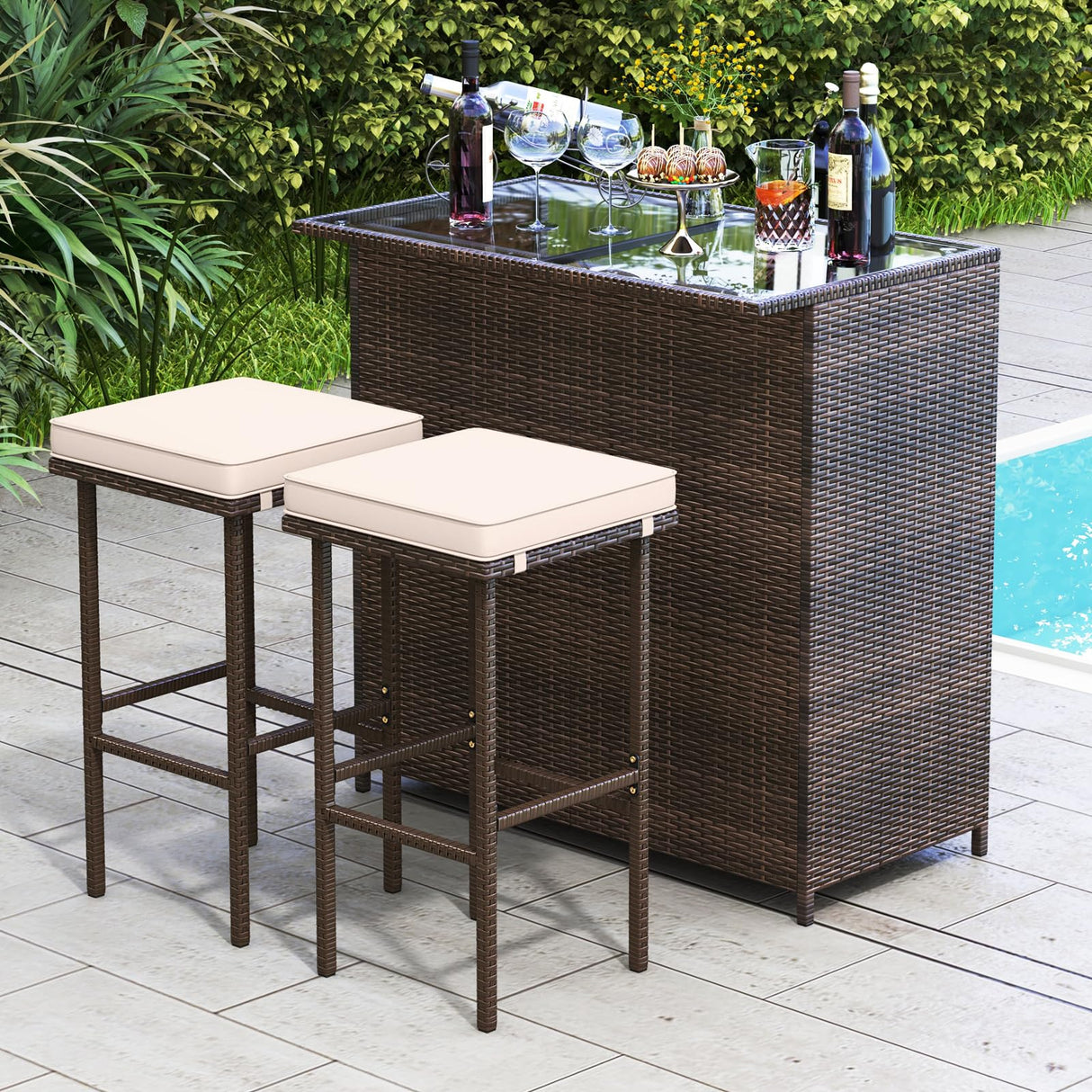 Tangkula 3 Piece Patio Bar Set, Outdoor Rattan Bar Table and 2 Stools with Tempered Glass Tabletop, 2-Tier Storage, Removable Cushions, Outside Wicker Conversation Set Tangkula