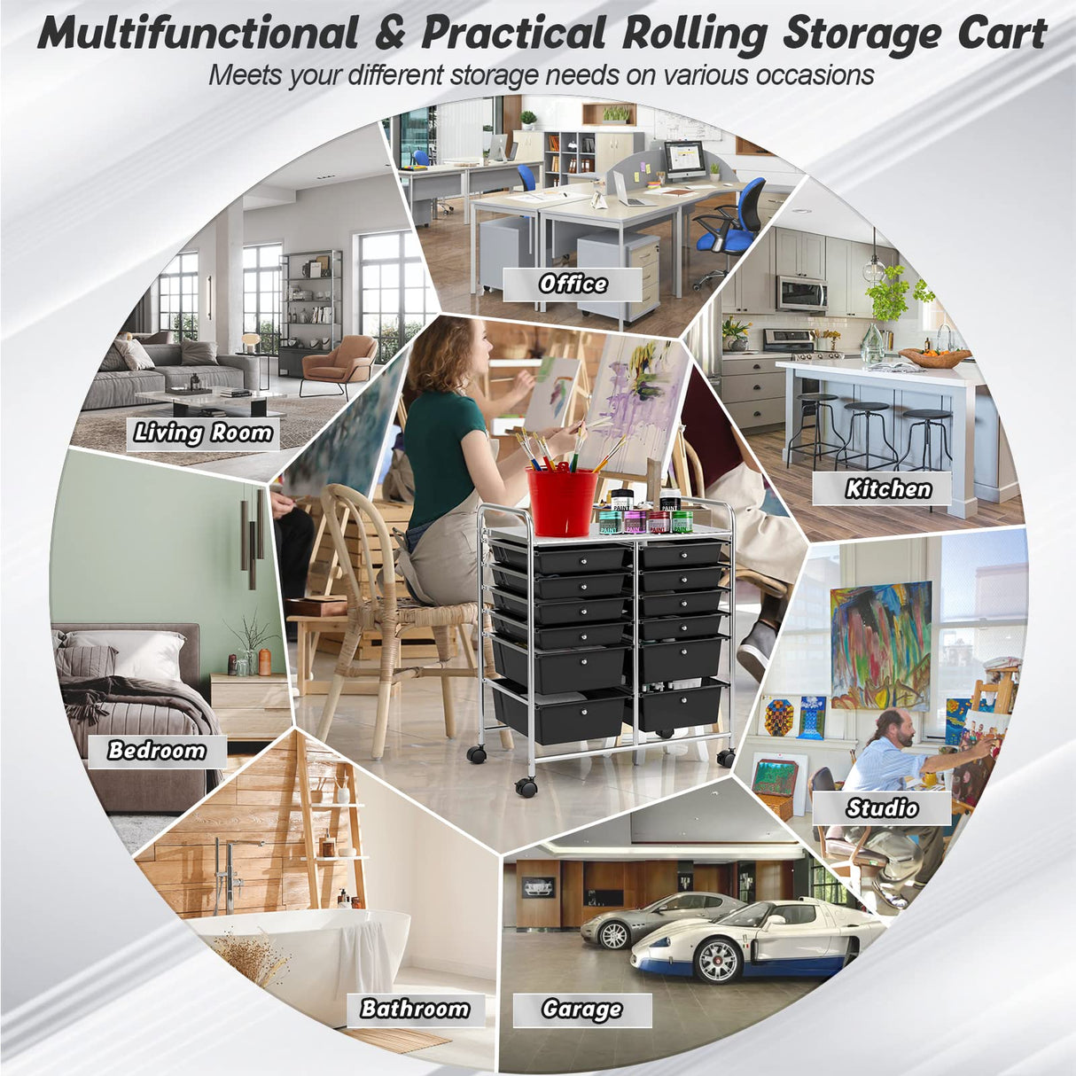 COSTWAY 12-Drawer Rolling Storage Cart, Moveable Art Craft Organizer W/Lockable Wheels, Metal Shelf, Files Arrangement Tools Makeup Storage Cart for Office, Home, School (Black) COSTWAY