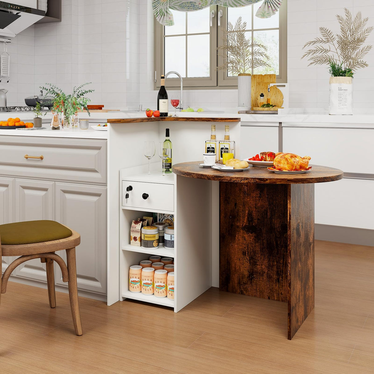 SILKYDRY Reception Desk, Small Retail Checkout Counter with Lockable Drawer and Open Shelves, Wooden Computer Workstation for Home Office Lobby, White Oval Desktop & Brown Counter SILKYDRY