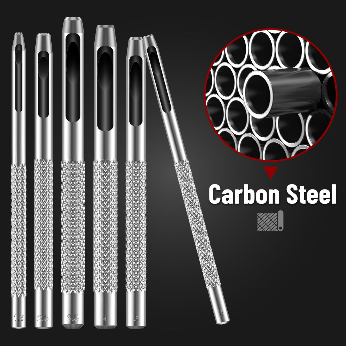 UNCO- Hollow Leather Hole Punch Set, 6 pcs, Steel, Leather Hole Punch Tool, Leather Punch Tool, Hole Punch for Leather Punch Set, Hollow Punch Set, Gasket Hole Punch Set, Hollow Hole Punch Set UNCO