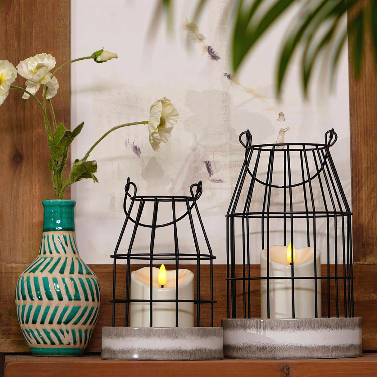 Homemory Rustic Farmhouse Lantern Decor with Flameless Candle & Remote Timer, 2PCS Metal Candle Holder Home Decorations for Fireplace Mantle Kitchen Dining Table Living Room Homemory