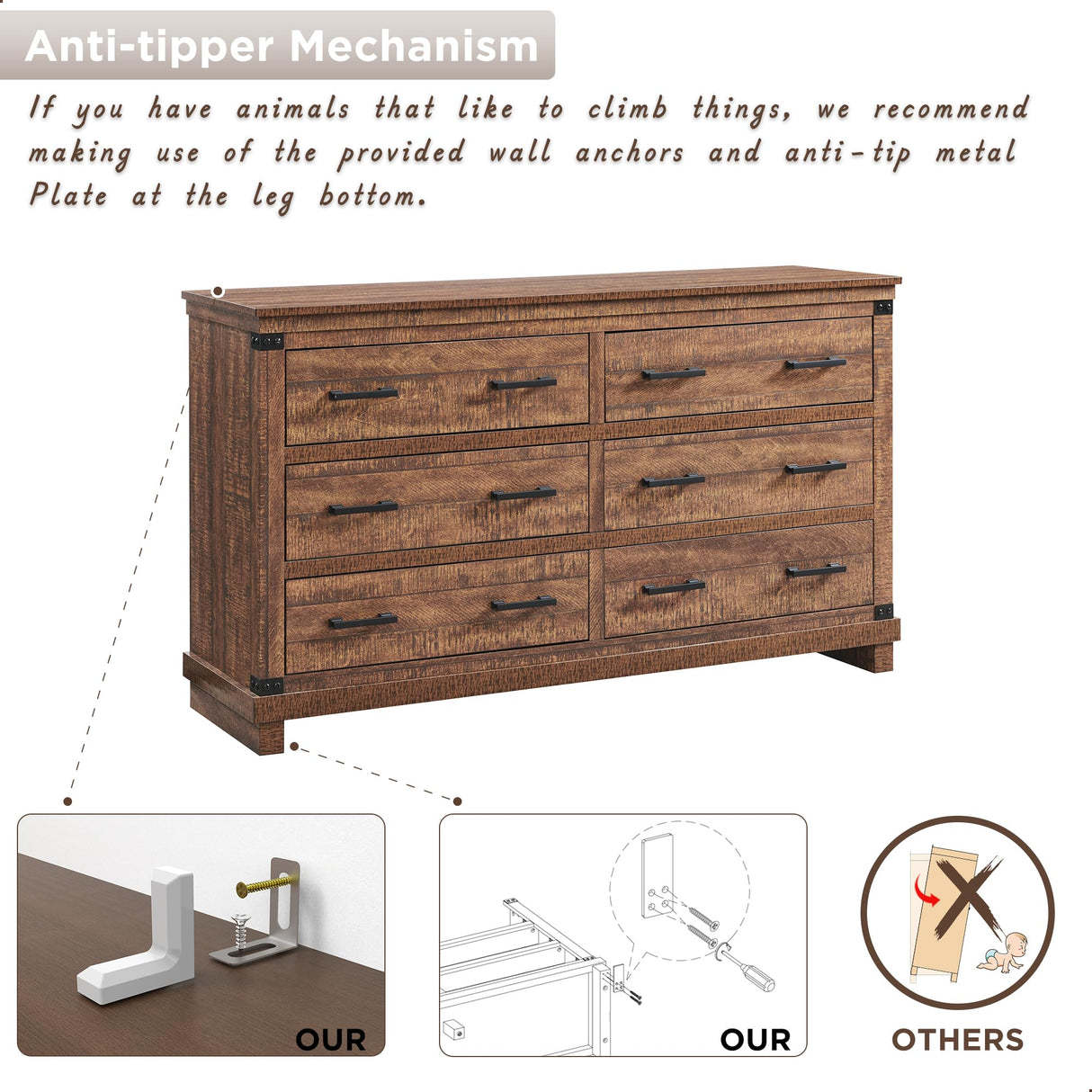 Farmhouse 6 Drawers Dresser for Bedroom, Wood Large Chest of Drawers with Thick Plank Styling, Rustic Closet Dresser for Bedroom, Living Room, Reclaimed Barnwood Color RedLemon