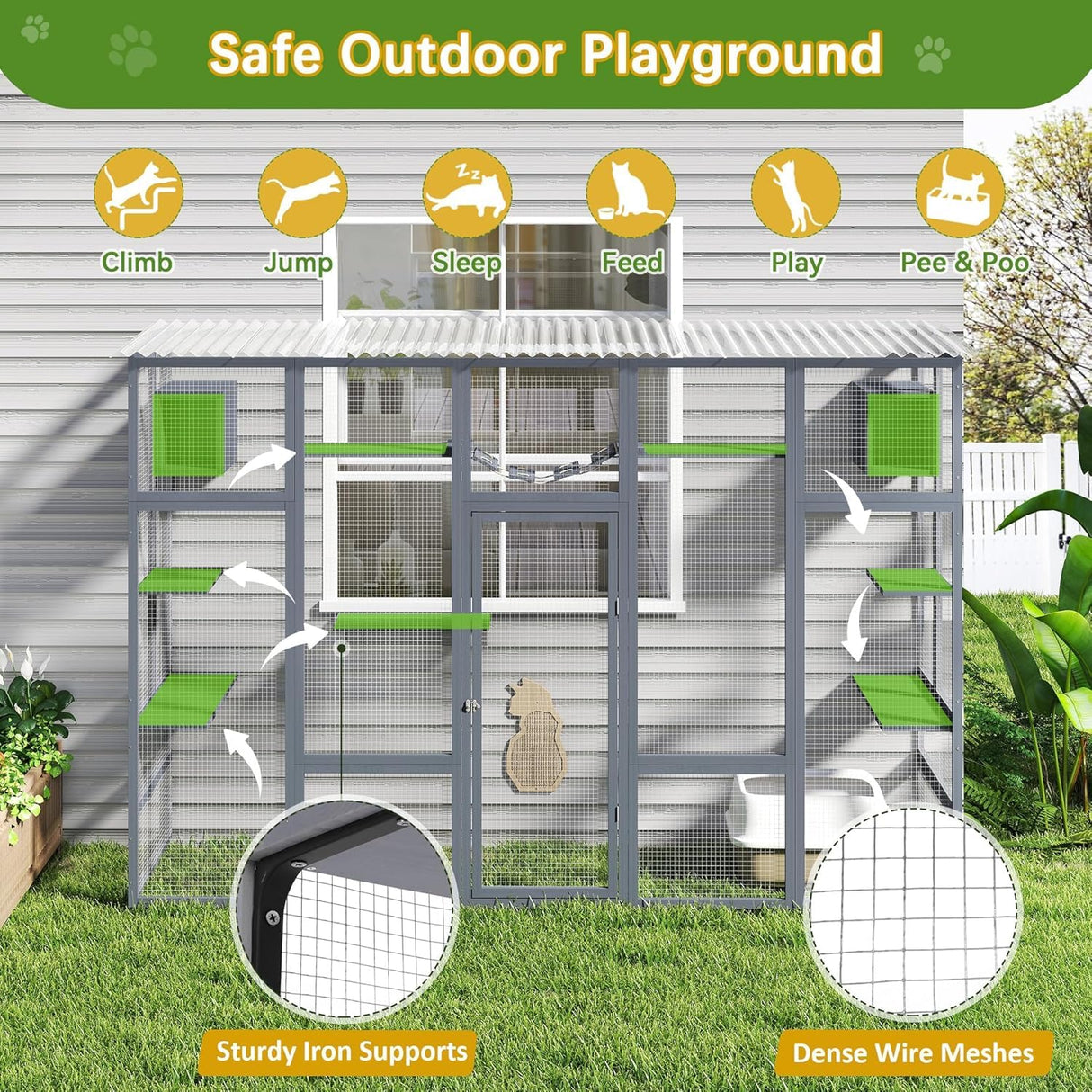 COZIWOW Catio Outdoor Cat Enclosure Window, 104" Wooden Large Catio Outside Cattery for Multiple Cats with Sloped Waterproof Cover, Grey COZIWOW
