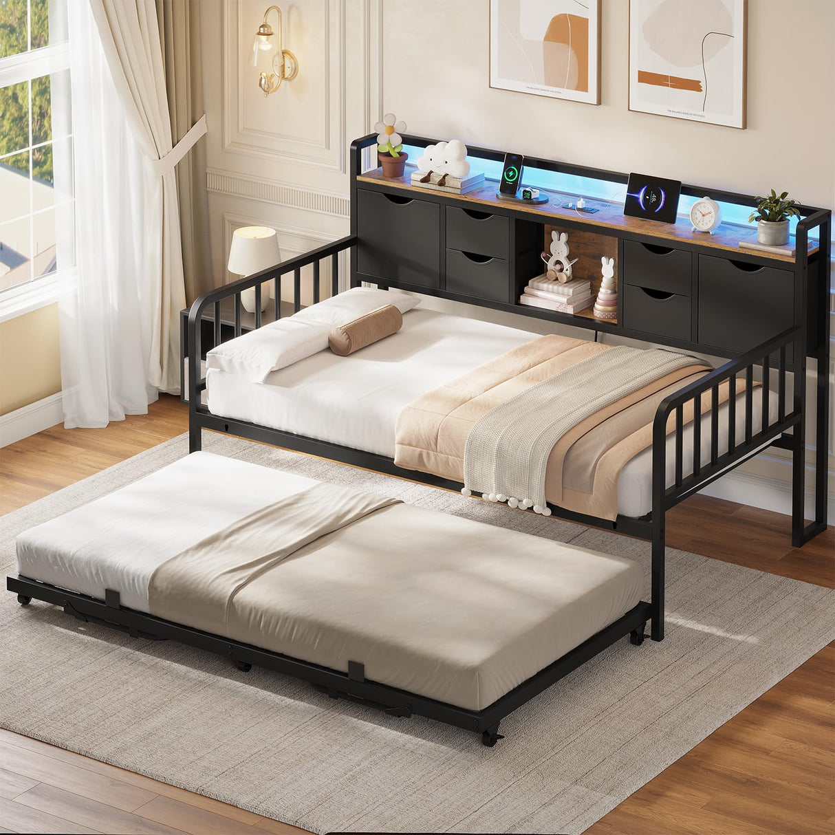 ADORNEVE Daybed with Trundle, Twin Day Bed with Storage Headboard & Charging Station, Height Adjustable Metal Trundle Bed Twin, Sofa Bed Frame for Living Room, Bedroom and Guest Room, Black ADORNEVE
