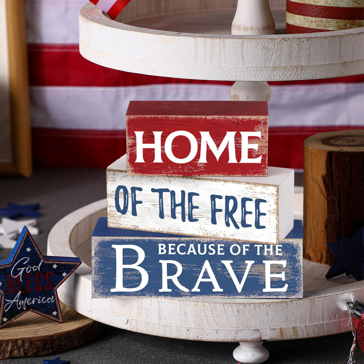 Huquary 4 Pcs Farmhouse 4th of July Patriotic Table Sign Independence Day Table Wood Decorations Patriotic Themed Rustic Farmhouse Wood Block Sign for Party Home Desk (Retro Star) Huquary