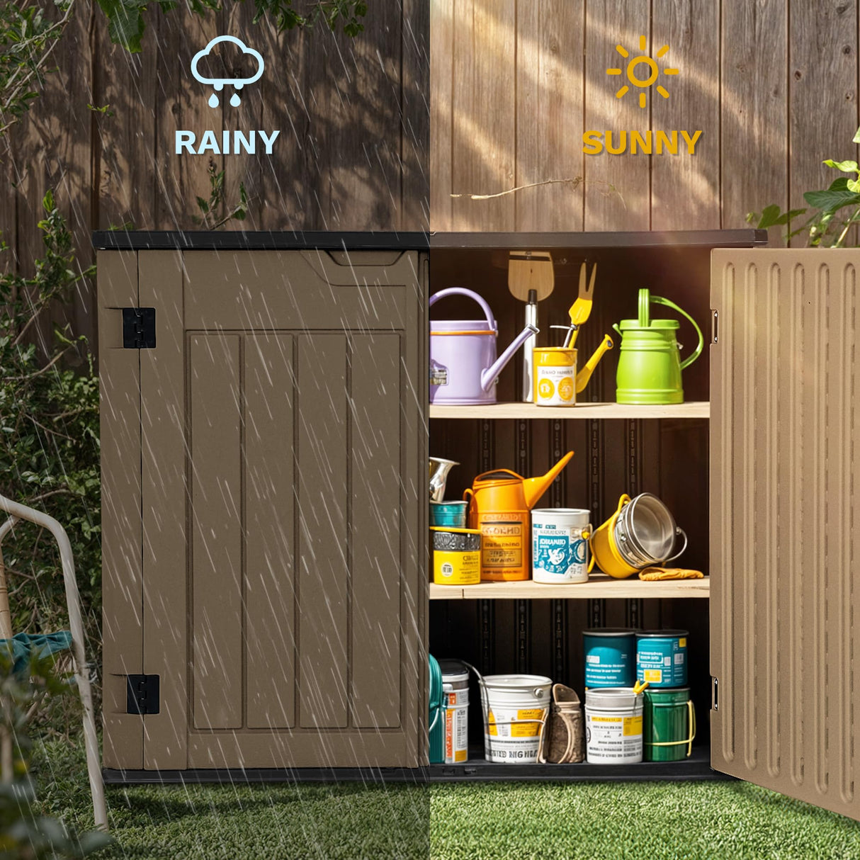 DWVO Outdoor Weather-Resistant Horizontal Storage Shed, 35 Cu Ft Capacity, Lockable and Waterproof, Suitable for Storing Garden Tools, Brown DWVO