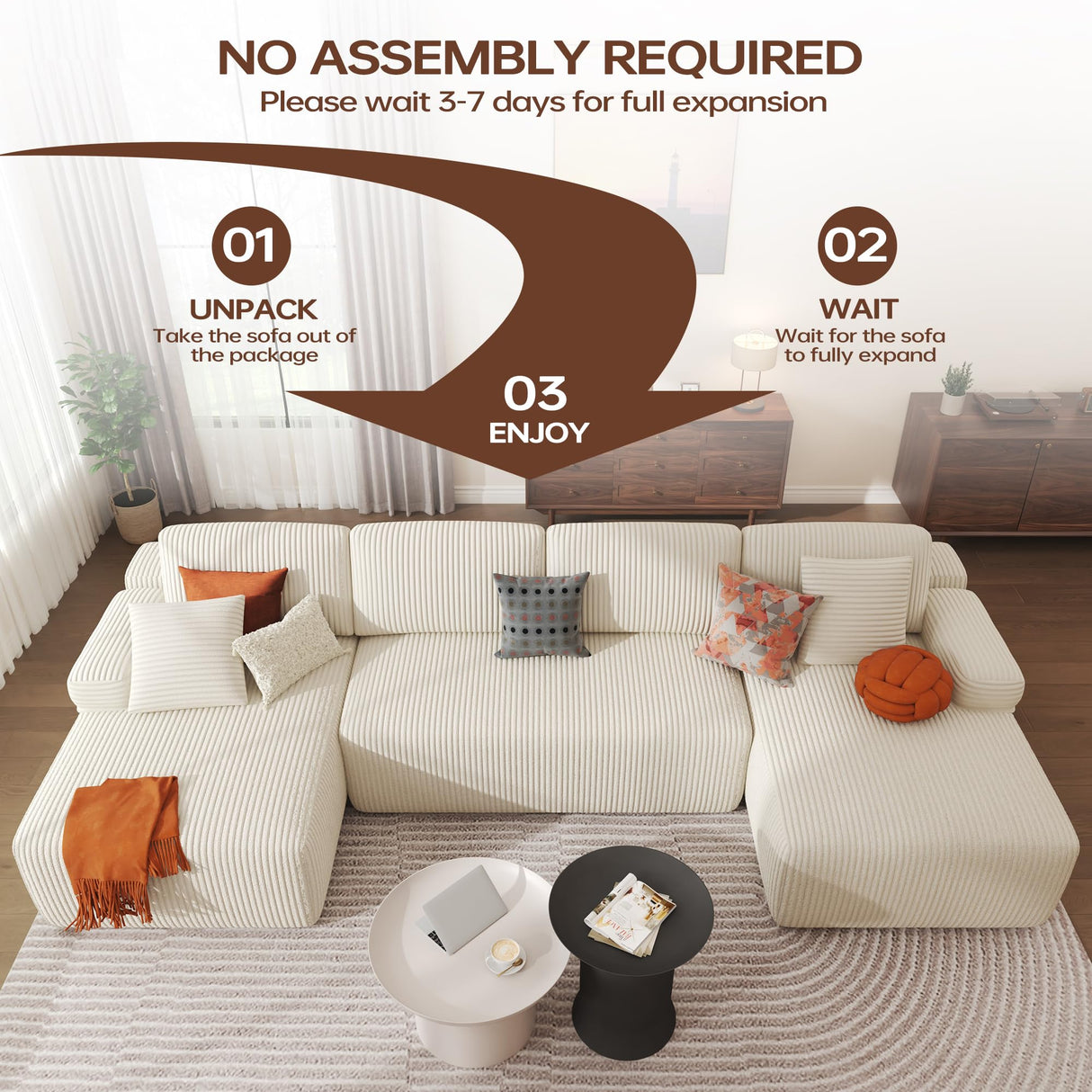 DURASPACE 126.2'' Modular Sectional Sofa, Convertible U Shaped Cloud Couch with Memory Foam, Corduroy Boneless Sectional Couches for Living Room, No Assembly Required (Beige) DURASPACE