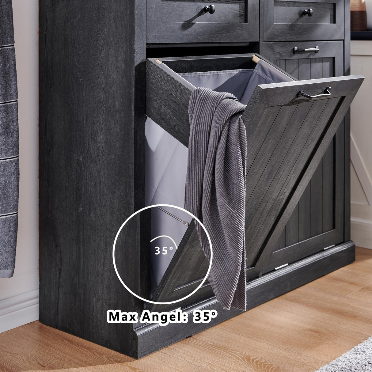 IFGET Double Tilt Out Trash Cabinet, Dog Proof Trash Can Cabinet, Farmhouse Hidden Laundry Hamper Cabinet with Barn Door, 10 Gallon Garbage Can Bin Cabinet with Storage Basket for Kitchen (Dark Grey) IFGET