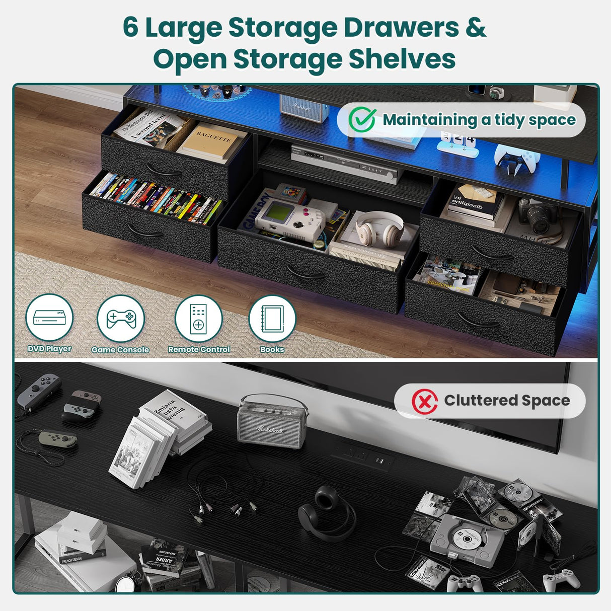 BTHFST TV Stand with Mount for 32/55/65/70 inch TVs, 51.2" LED TV Stand with Power Outlets & Storage, Entertainment Center with Storage for Living Room, Bedroom Black BTHFST