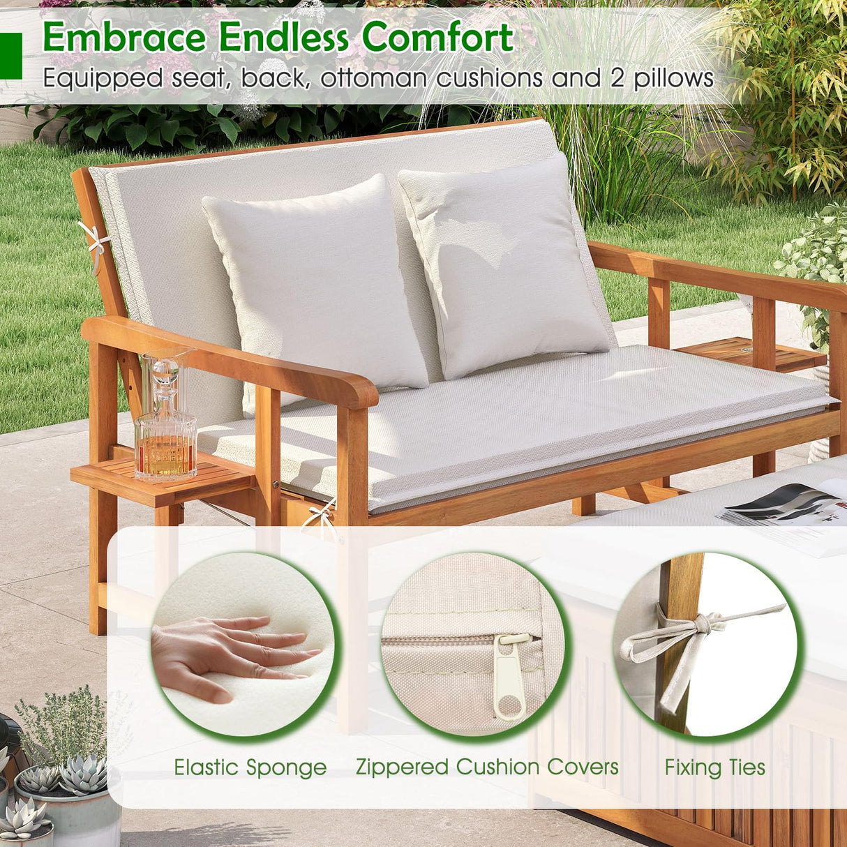 LDAILY Moccha Acacia Wood Outdoor Daybed - Wooden Loveseat Sofa with 4-Level Backrest, Storage Ottoman, Cushions, Outside Sunbed, Double Bed Lounger for Backyard Porch Pool Patio Furniture Set LDAILY