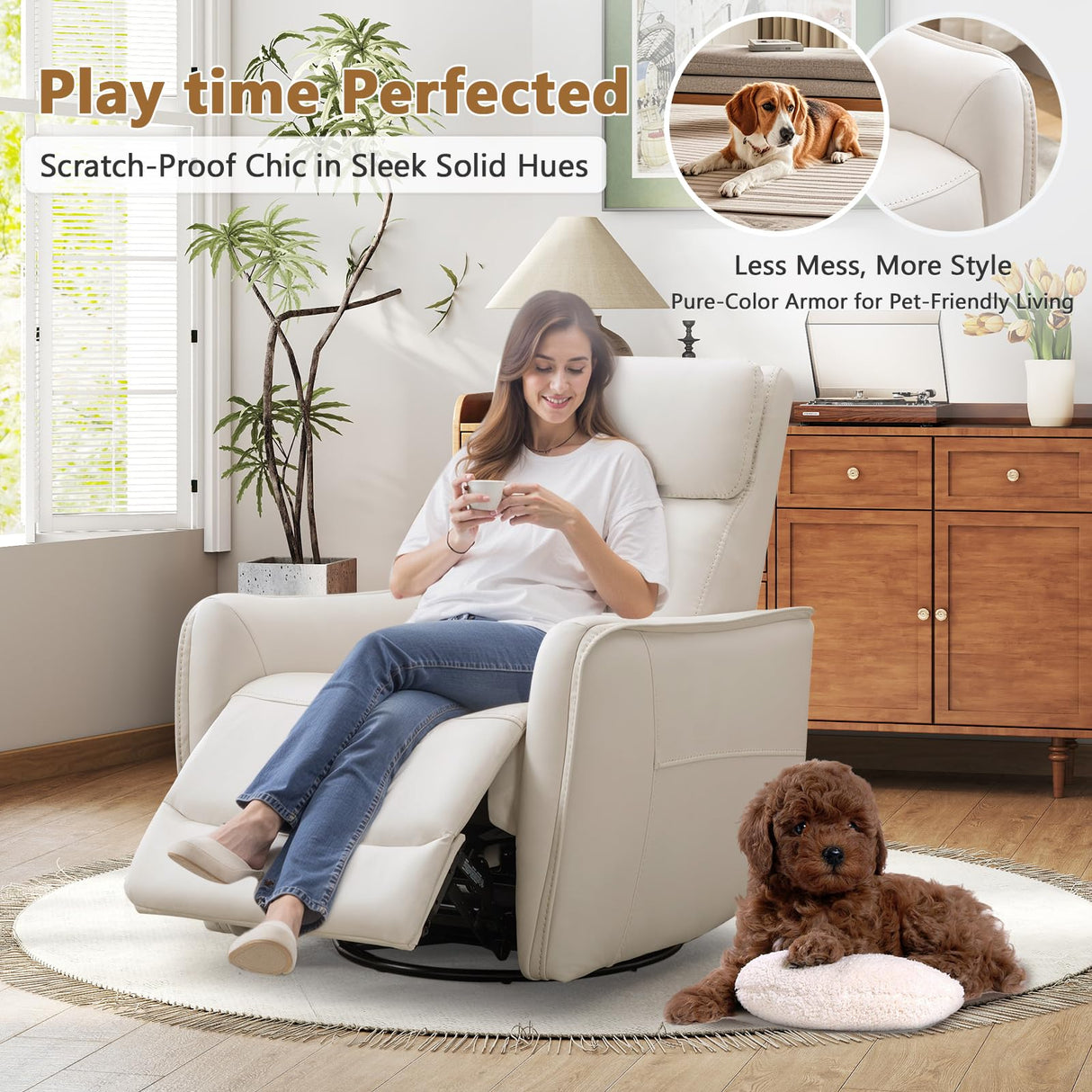 ANJ Swivel Recliner Chair, Glider Rocker Recliners for Nursery, Power Rocker Reclining Chair with USB Port, Upholstered Leathaire Electric Rocking Chairs for Living Room, Bedroom, Cream White ANJ