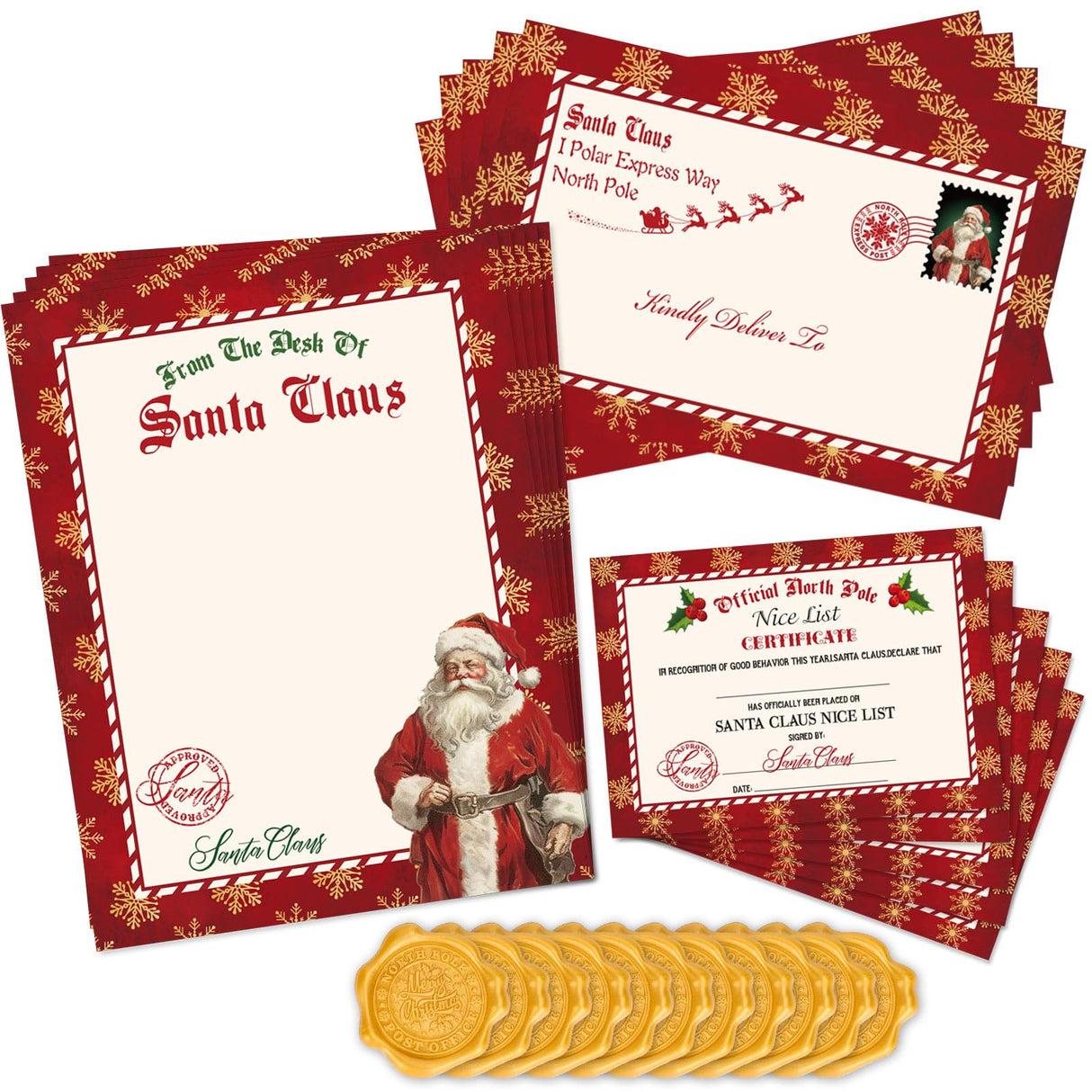 JarThenaAMCS 25Pcs Christmas Official Letters From Santa Set Include 5Pcs Vintage Gold Snowflake Writing Paper 5Pcs Certificates 5Pcs Envelopes 10 Stickers For Mailbox Family Party Favors JarThenaAMCS