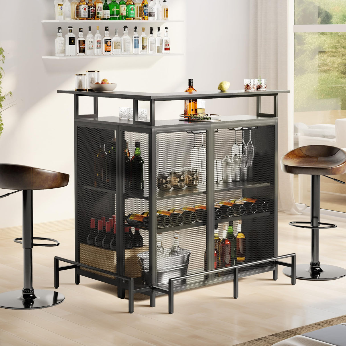 YITAHOME Modern L-Shaped Mini Home Bar Unit with Music-Responsive LED Light and Storage Solutions in Black YITAHOME