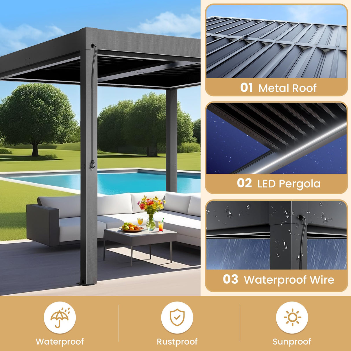 Greesum 10x10FT Outdoor Aluminum Pergola, Electric Adjustable Louvered Pergola with LED Lights and Gutter System, Metal Gazebo for Patio, Deck, Garden, Yard, Black Greesum