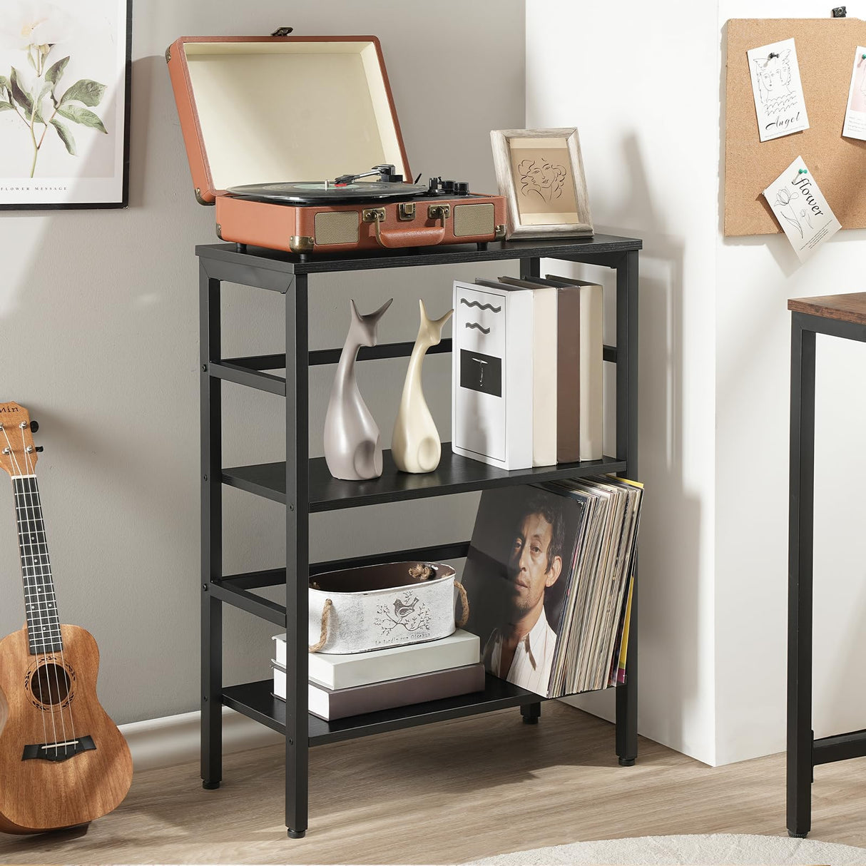 HOOBRO 3 Tier Bookshelf, Industrial Bookcase, Record Storage Rack with Side Fence, Wood Storage Shelf with Metal Frame, Rustic Open Display Shelf for Living Room, Bedroom, Black BB86CJ01G1 HOOBRO