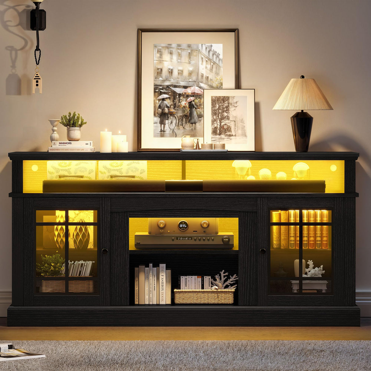 YITAHOME Black TV Stand for 75 Inch TV, LED Modern Entertainment Center with Adjustable Shelves and Glass Doors, 32'' Tall Television Stands TV Media Console Table for Living Room, Black YITAHOME