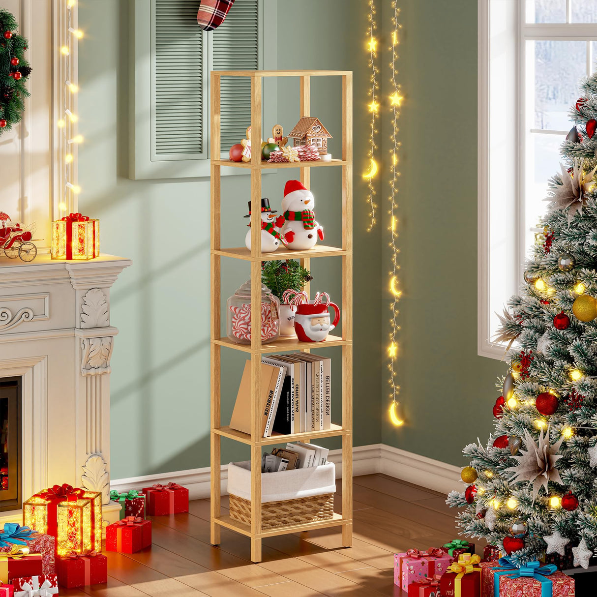 TUTOTAK Bookshelf, 6-Tier Tall Book Shelf, Narrow Bookcase for Small Space, DIY Stackable Bookshelf, for Living Room, Office, Study, Entryway, Industrial, Natural BS01BN006 TUTOTAK