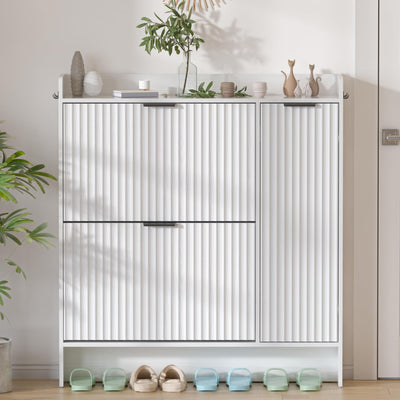 Piskyet Shoe Storage Cabinet with 2 Flip Drawers and Boot Cabinet, Morden Fluted Narrow Shoes Rack Organizer for Entryway with Anti-tilt Device,Hidden Handles