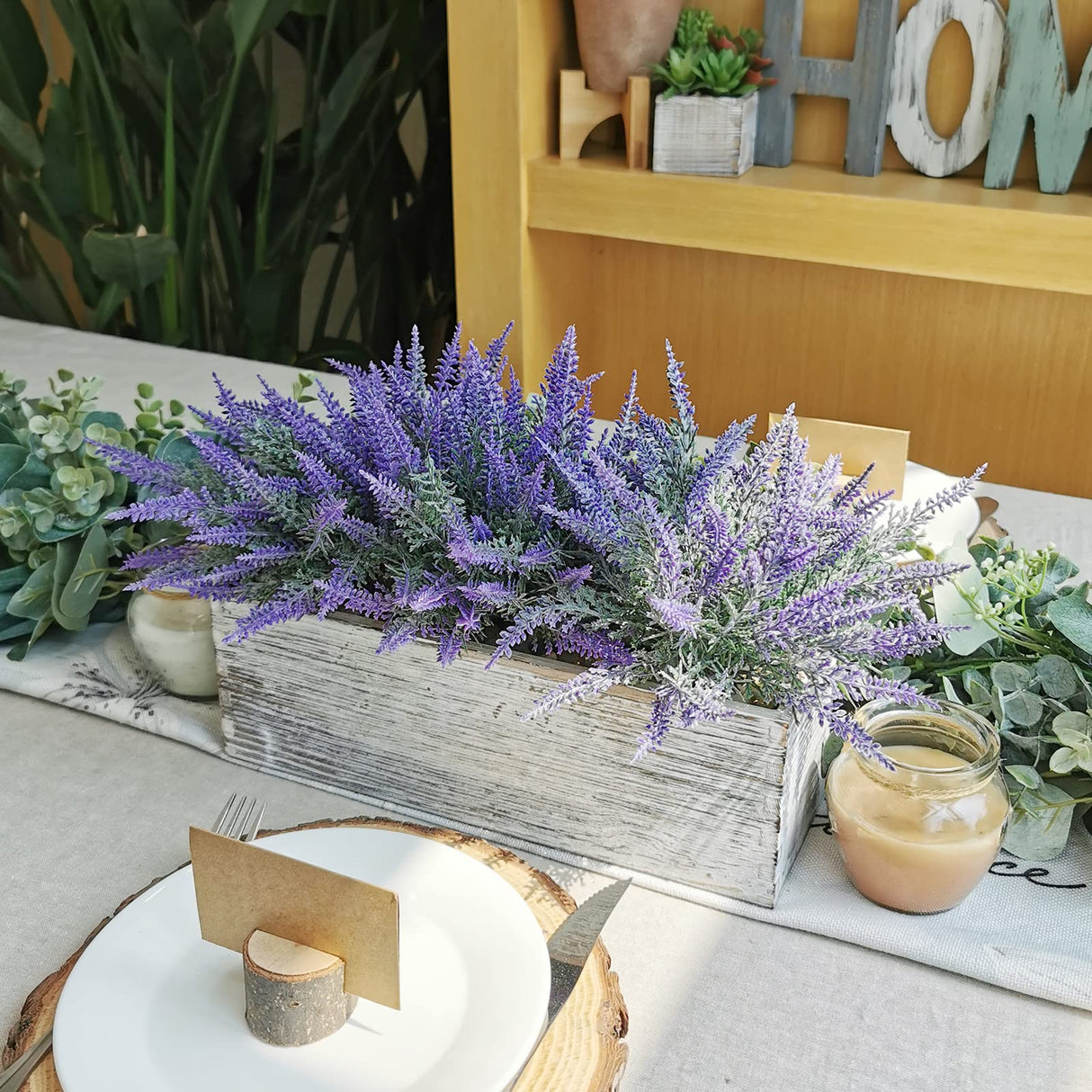 Fake Lavender Flower Arrangement in Rustic Rectangular Wood Planter Box Artificial Potted Lavender Plant for Gifts Farmhouse Wedding Centerpiece Kitchen Windowsill Table Shelf Indoor Greenery Decor Winlyn