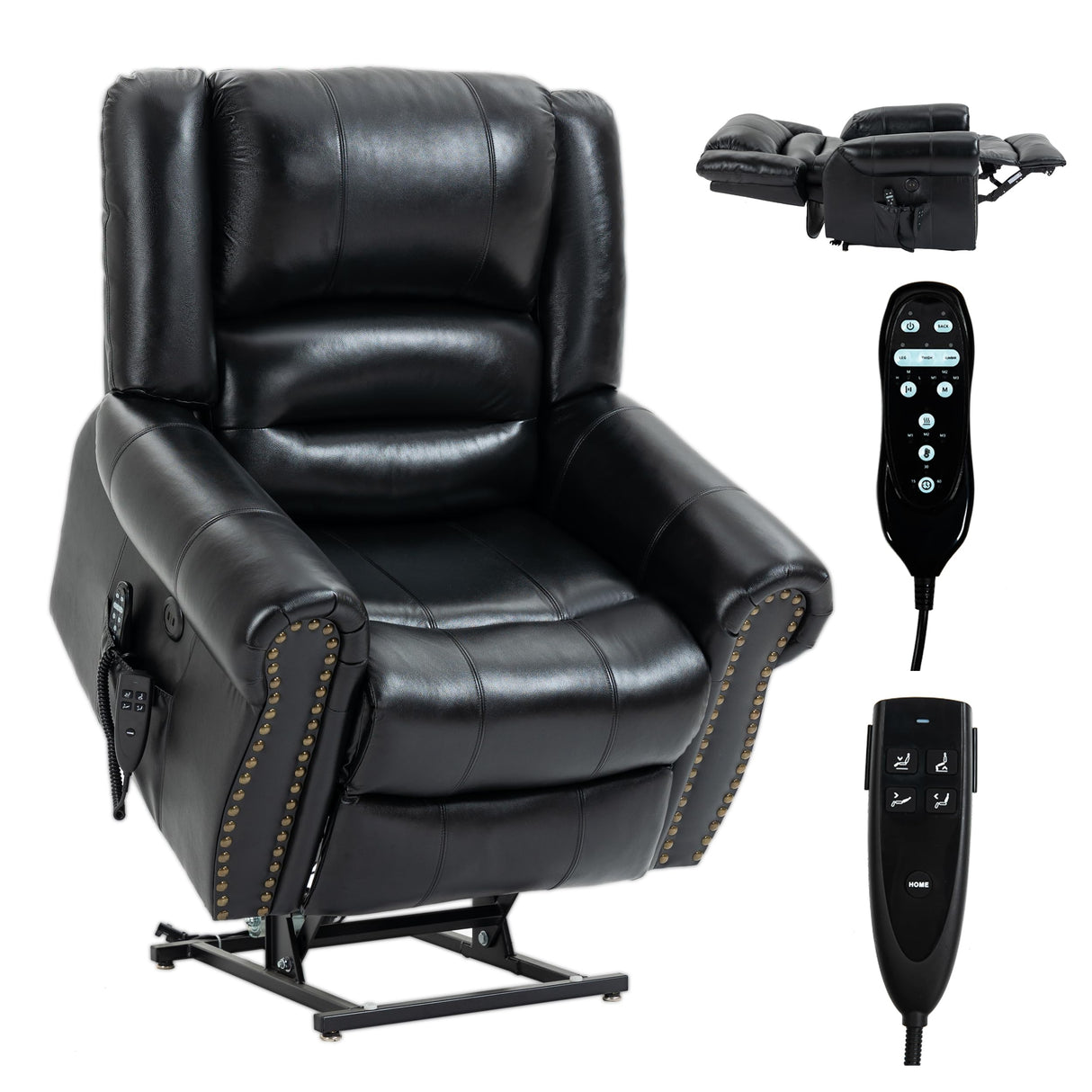 Dual Motor Power Lift Chair, Lay Flat Recliner Chair, Electric Recliner with Massage and Heat for Elderly, Remote Control, Infinite Position, Standing Assistance, USB Ports (Black, Genuine Leather) Trustyue