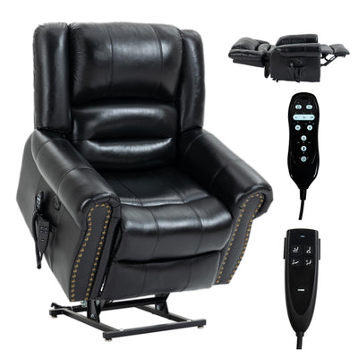 Dual Motor Power Lift Chair, Lay Flat Recliner Chair, Electric Recliner with Massage and Heat for Elderly, Remote Control, Infinite Position, Standing Assistance, USB Ports (Black, Genuine Leather)