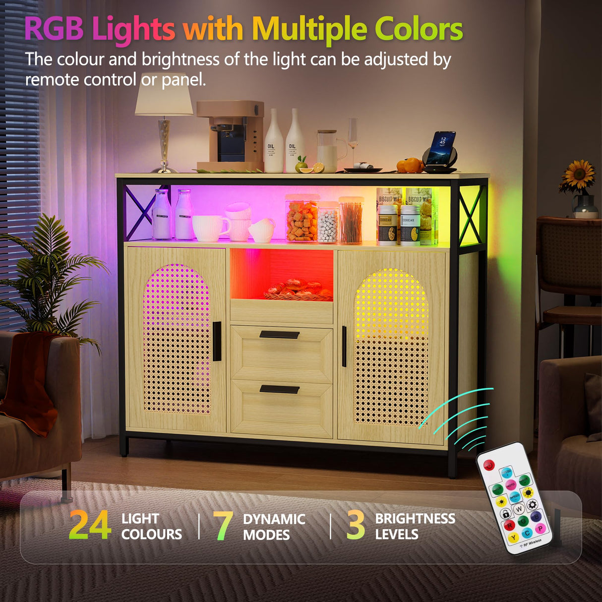 JDPAG 40” Rattan Sideboard Buffet Kitchen Storage Cabinet, LED Coffee Bar Cabinet with Charging Station, Cupboard Console Table with Adjustable Shelves (Natural) JDPAG