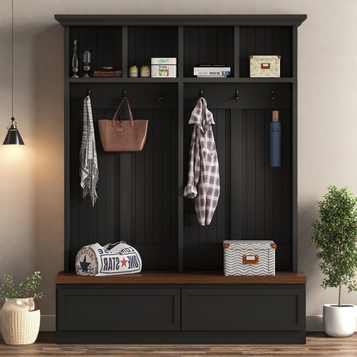 LUMISOL Farmhouse Hall Tree with Wood Grain Storage Bench, 4-in-1 Mudroom Coat Rack with Open Compartments and 2 Large Drawer, Entryway Shoe Cabinet with 6 Hanging Hooks for Hallway, Black LUMISOL