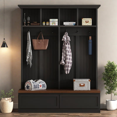 LUMISOL Farmhouse Hall Tree with Wood Grain Storage Bench, 4-in-1 Mudroom Coat Rack with Open Compartments and 2 Large Drawer, Entryway Shoe Cabinet with 6 Hanging Hooks for Hallway, Black